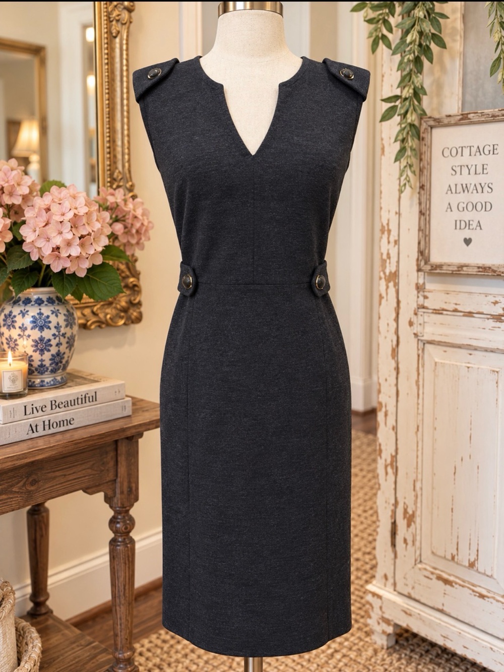 Tory Burch Gray Declan Wool Blend Sleeveless V-Neck Sheath Dress Size Medium